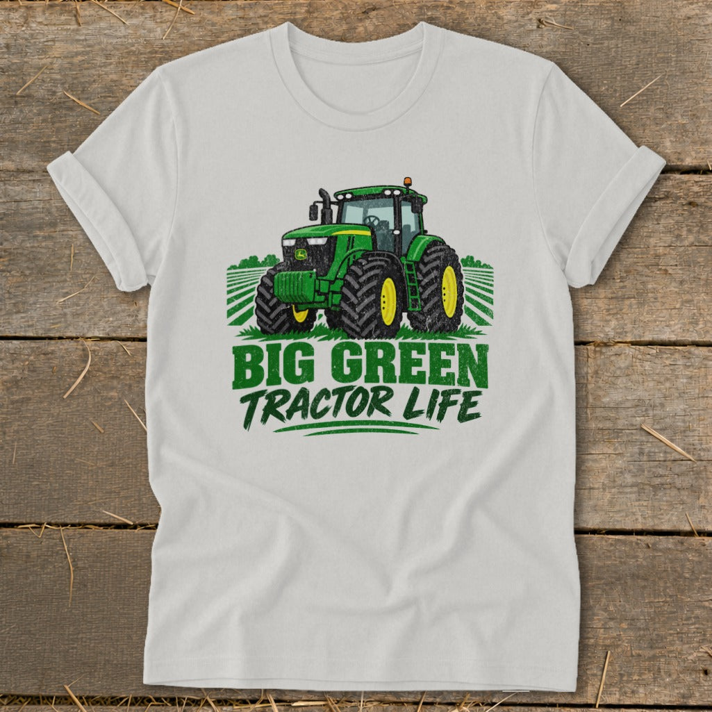 White t-shirt with green tractor graphic and text "BIG GREEN TRACTOR LIFE."