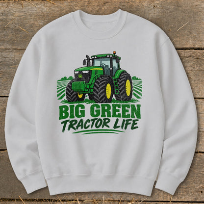 White sweatshirt with green graphic of a John Deere tractor and text "BIG GREEN TRACTOR LIFE".