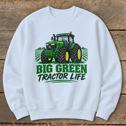 White sweatshirt with a distressed graphic of a green John Deere tractor and "BIG GREEN TRACTOR LIFE" text.