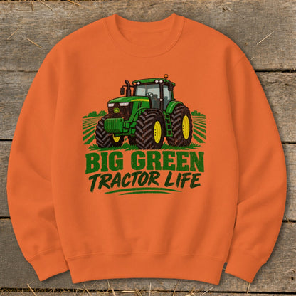 Orange sweatshirt with green tractor graphic and "BIG GREEN TRACTOR LIFE" text.