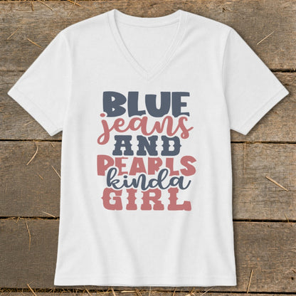 Blue Jeans and Pearls V-neck