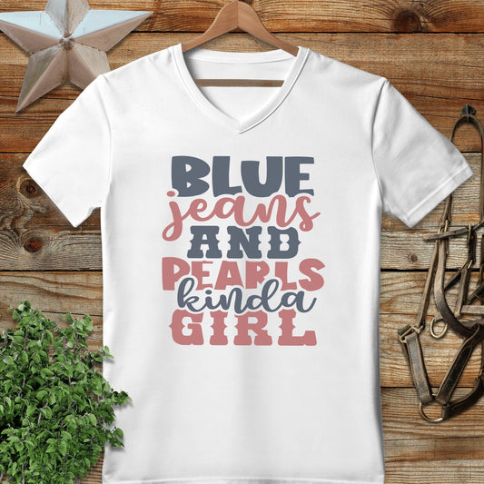 Blue Jeans and Pearls V-neck