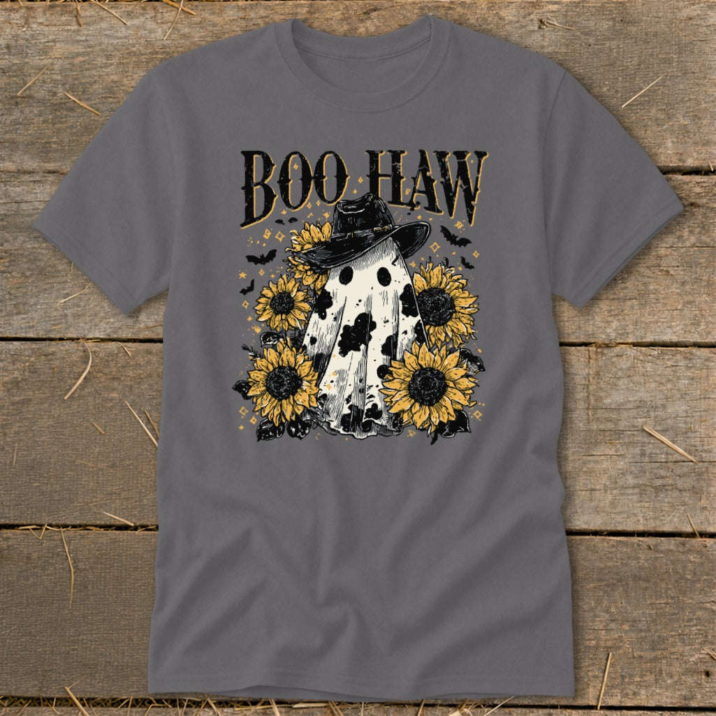 Ghost with cowboy hat and sunflowers, text reads "BOO HAW".