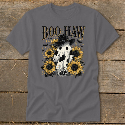 Ghost with cowboy hat and sunflowers, text reads "BOO HAW".