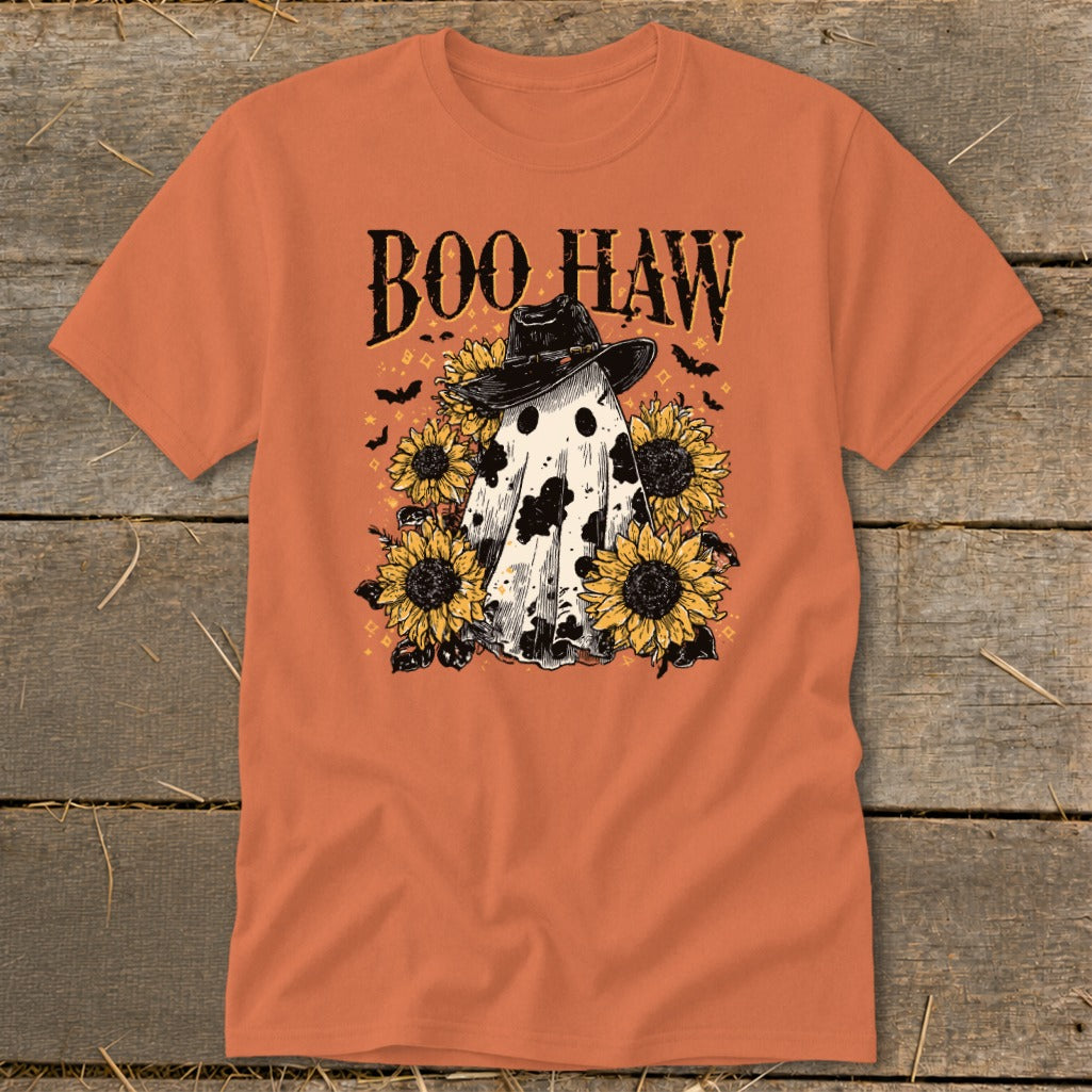Ghost wearing cowboy hat surrounded by sunflowers with "Boo Haw" text.