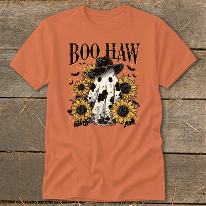 Ghost wearing cowboy hat surrounded by sunflowers with "Boo Haw" text.