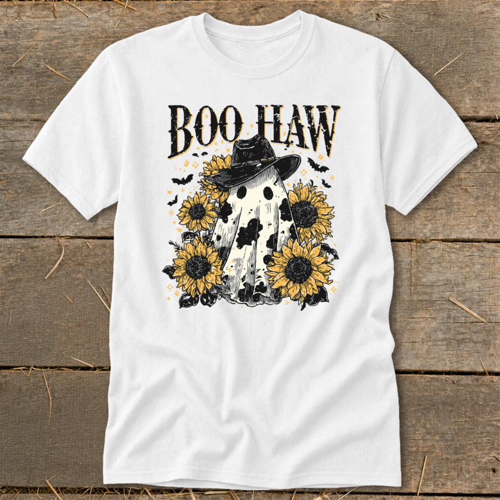White t-shirt with "Boo Haw" text, a ghost in a cowboy hat, and sunflowers.
