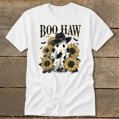 White t-shirt with "Boo Haw" text, a ghost in a cowboy hat, and sunflowers.