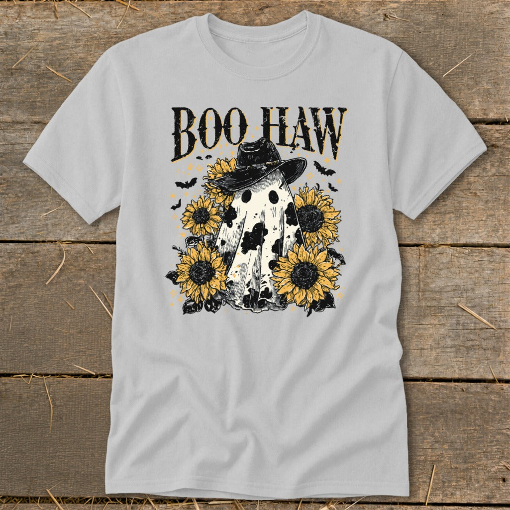 Ghost with cowboy hat and sunflowers, text "BOO HAW" on gray t-shirt.