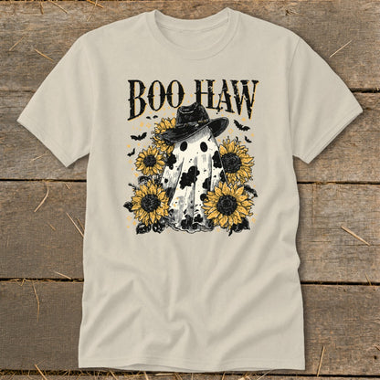 Ghost wearing a cowboy hat with sunflowers and bats, "Boo Haw" text.