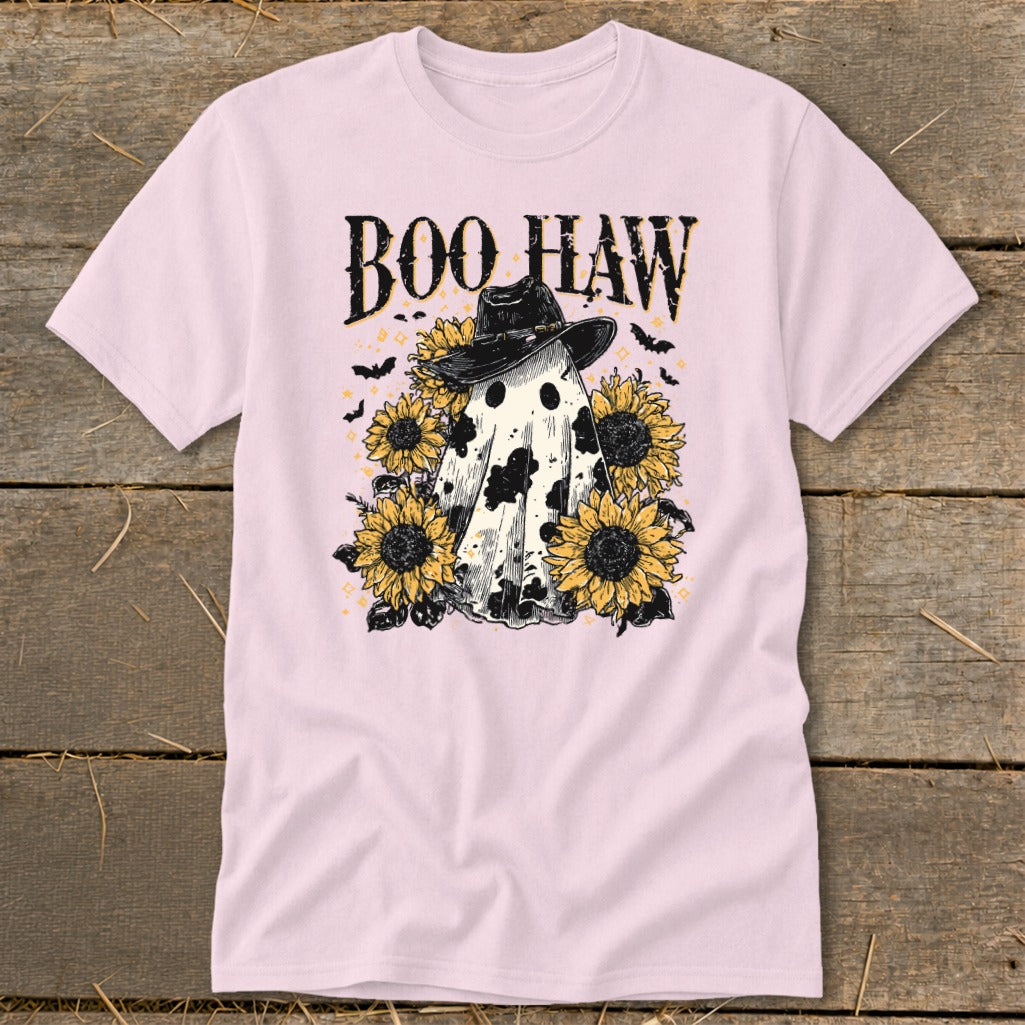 Ghost with cowboy hat surrounded by sunflowers, text "BOO HAW", bats.