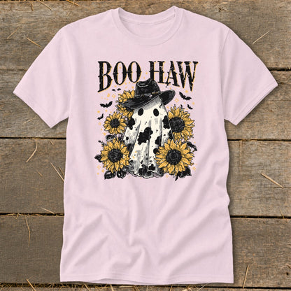 Ghost with cowboy hat surrounded by sunflowers, text "BOO HAW", bats.
