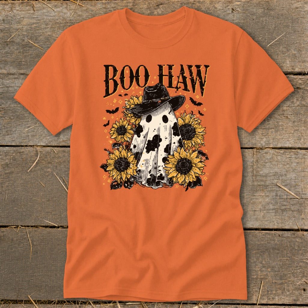 Ghost with a cowboy hat and sunflowers, text "BOO HAW".