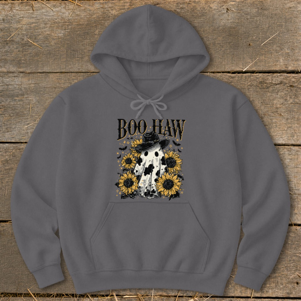 Ghost in cowboy hat with sunflowers and "BOO HAW" text.