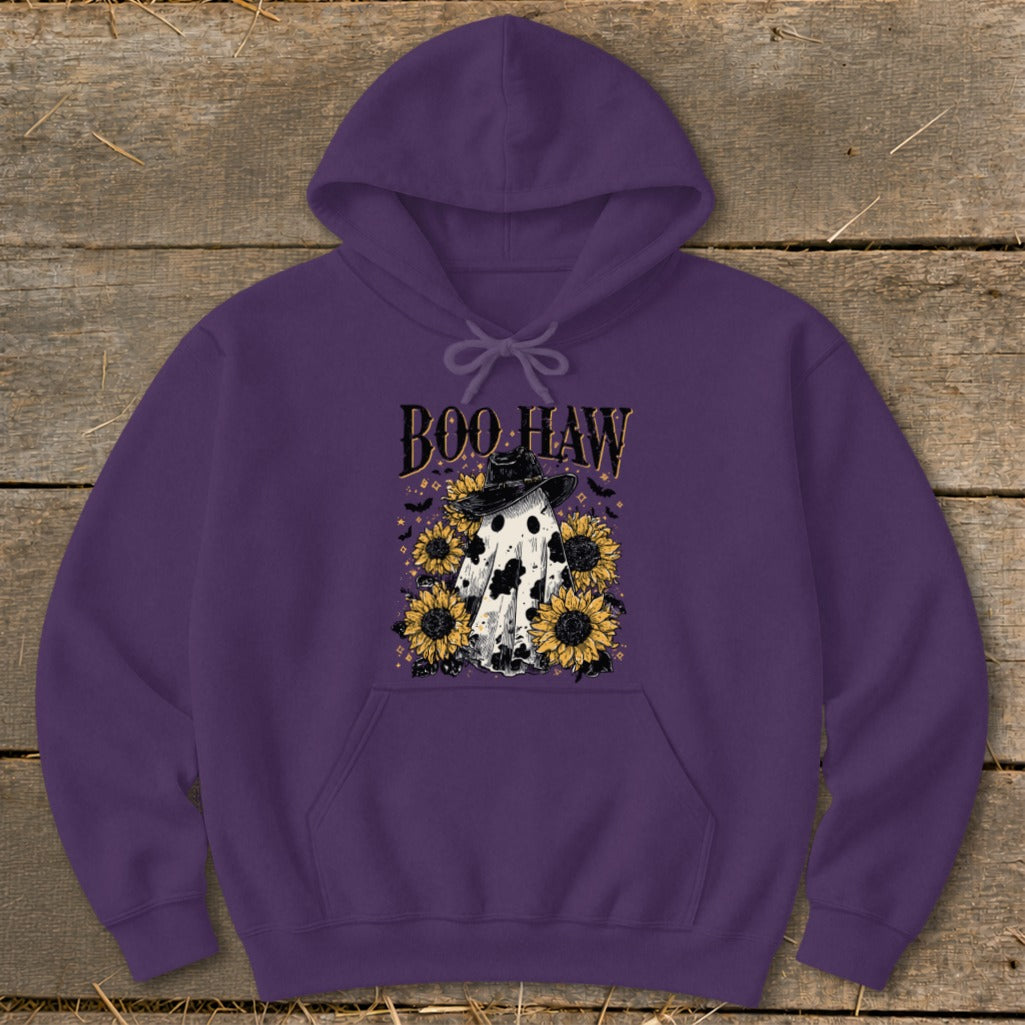 Purple hoodie with ghost graphic and "Boo Haw" text.
