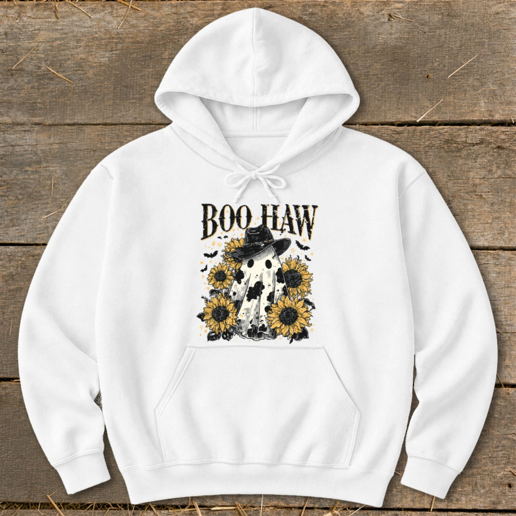 White hoodie with ghost, sunflowers, bats, and "BOO HAW" text.