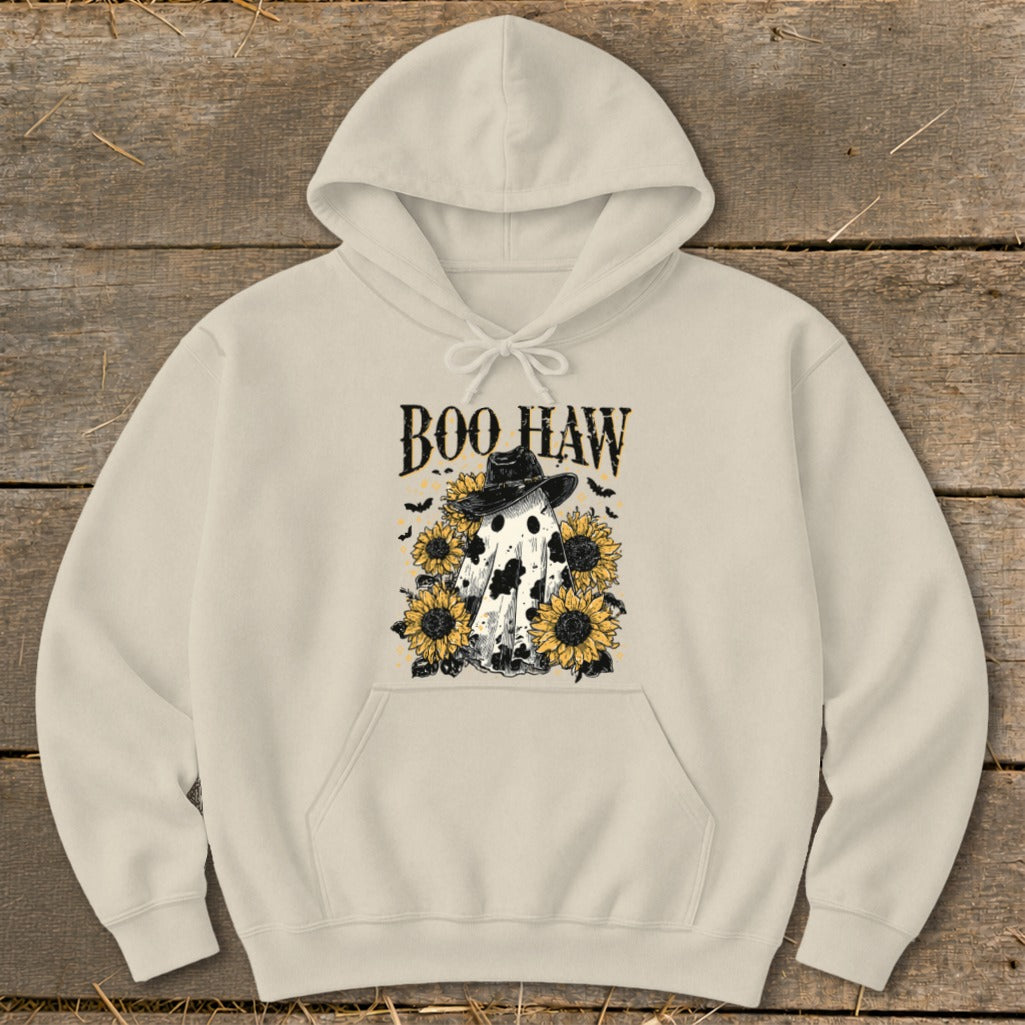 Cream hoodie with a ghost wearing a cowboy hat, sunflowers, and bats; text reads "BOO HAW".
