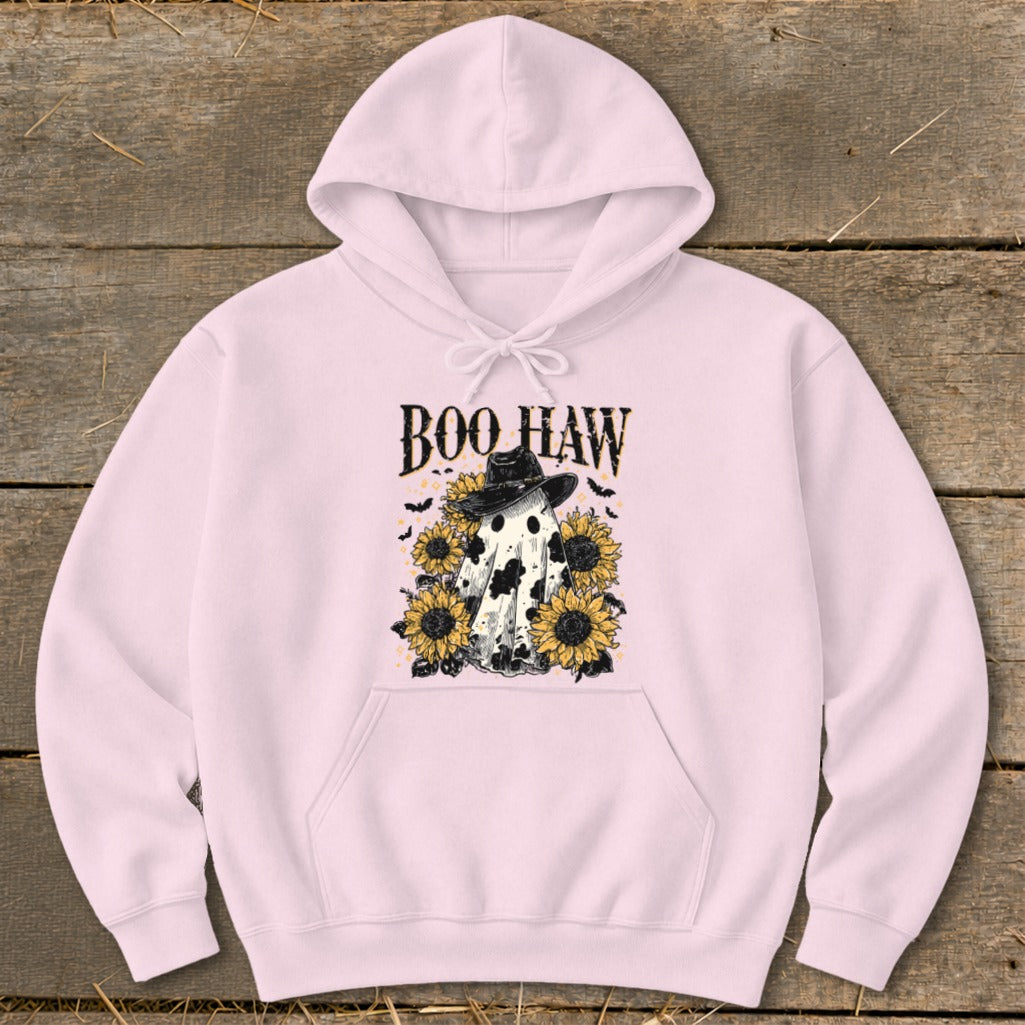 Pink hoodie with "BOO HAW" text and a ghost wearing a cowboy hat surrounded by sunflowers.