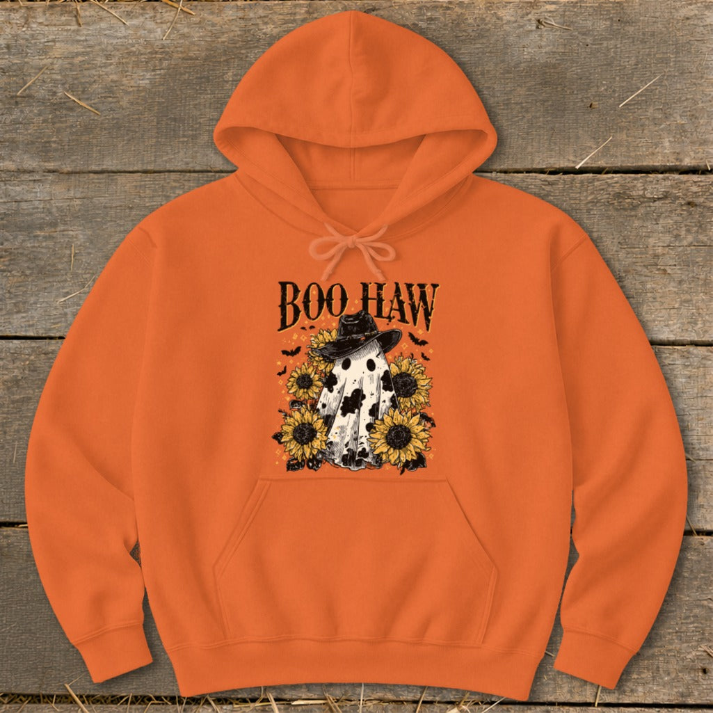 Orange hoodie with "Boo Haw" text and a ghost with a hat surrounded by sunflowers.