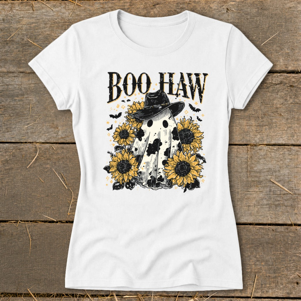 White t-shirt with "Boo Haw" text and a ghost wearing a cowboy hat among sunflowers.