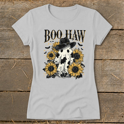 Ghost with cowboy hat, sunflowers, bats, and "Boo Haw" text on a gray t-shirt.