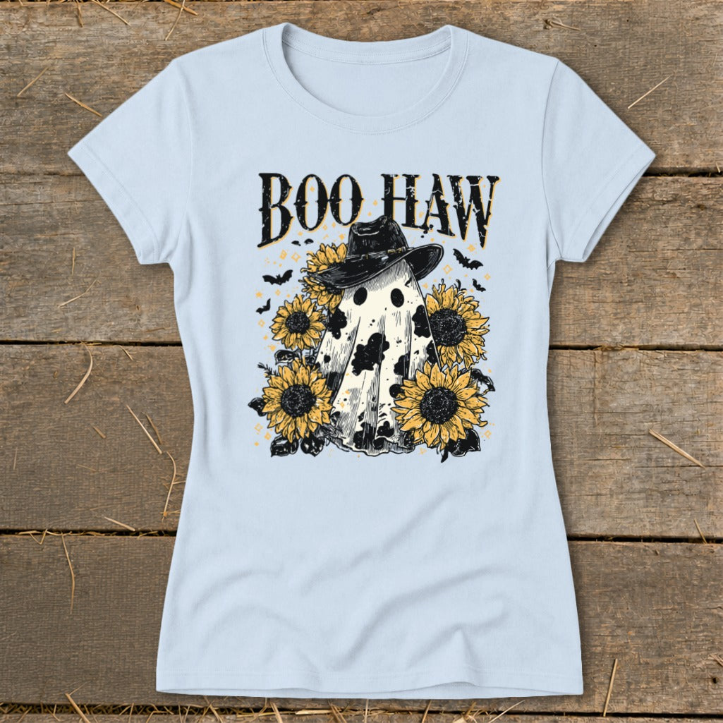 Ghost wearing cowboy hat with "Boo Haw" text surrounded by sunflowers and bats.