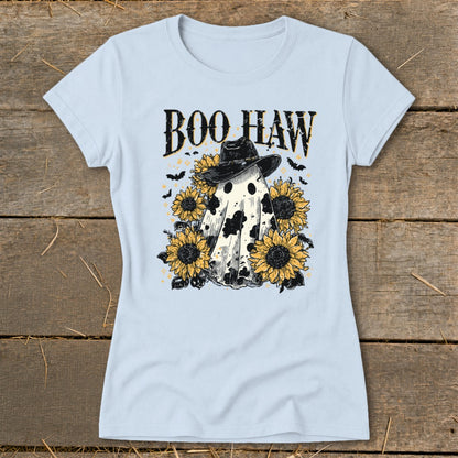 Ghost wearing cowboy hat with "Boo Haw" text surrounded by sunflowers and bats.