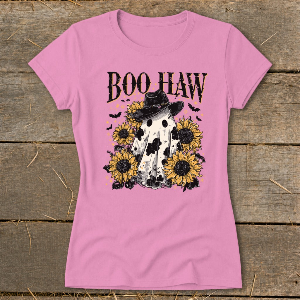 Pink t-shirt with ghost wearing cowboy hat, sunflowers, bats, and "BOO HAW" text.