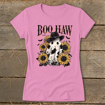 Pink t-shirt with ghost wearing cowboy hat, sunflowers, bats, and "BOO HAW" text.