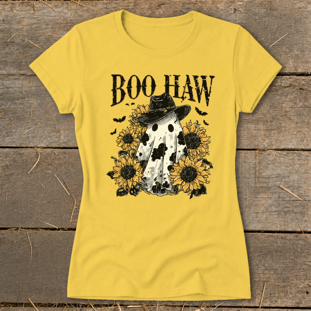 Ghost in cowboy hat with sunflowers and bats, "BOO HAW" text.