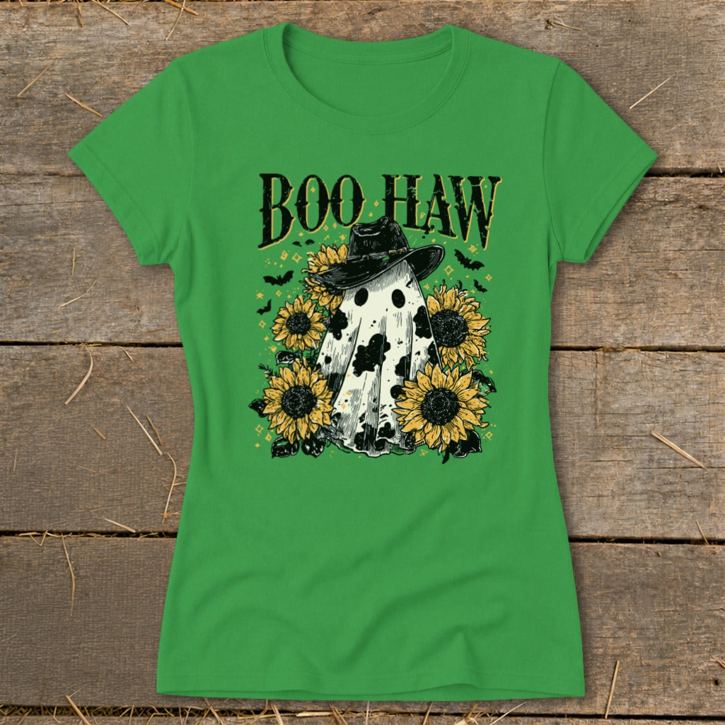 Ghost in a cowboy hat surrounded by sunflowers with "Boo Haw" text and bats.