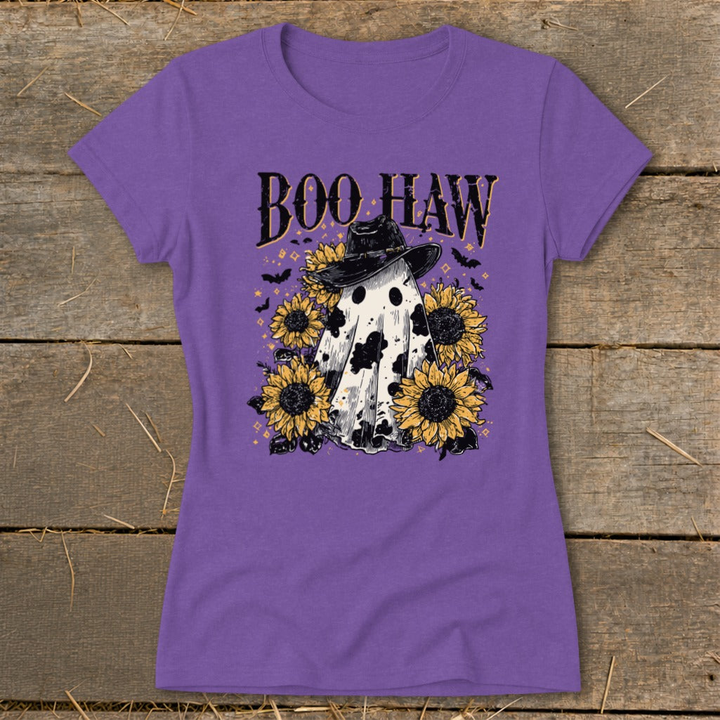 Purple t-shirt with "Boo Haw" text, ghost in cowboy hat, and sunflowers.