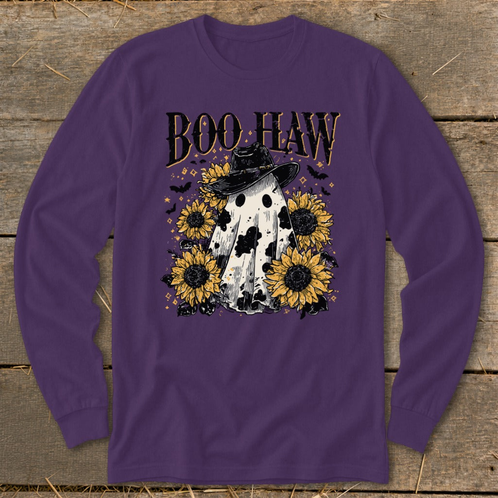 Ghost with cowboy hat and sunflowers, "Boo Haw" text.