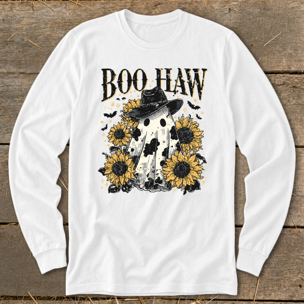 Ghost wearing a cowboy hat surrounded by sunflowers with text "Boo Haw".