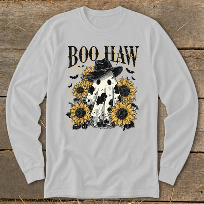 Ghost wearing cowboy hat with sunflowers and text "Boo Haw"