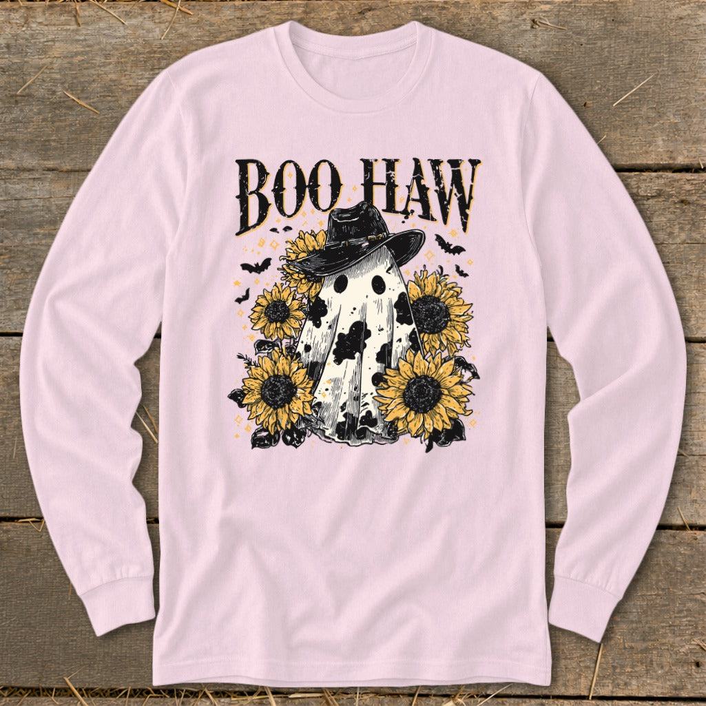Ghost with a cowboy hat and sunflowers, says "Boo Haw" with bats and stars.