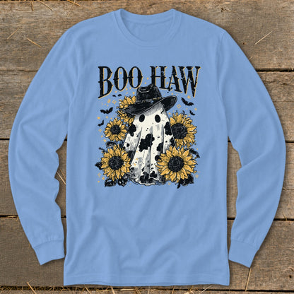 Ghost with cowboy hat and sunflowers, text "Boo Haw" with bats and stars.