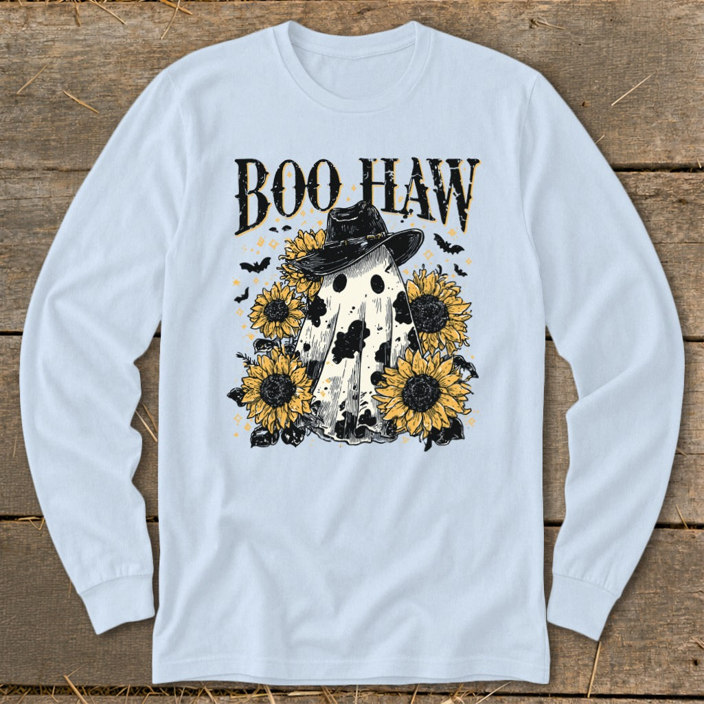 Ghost with cowboy hat surrounded by sunflowers and bats, "Boo Haw" text.