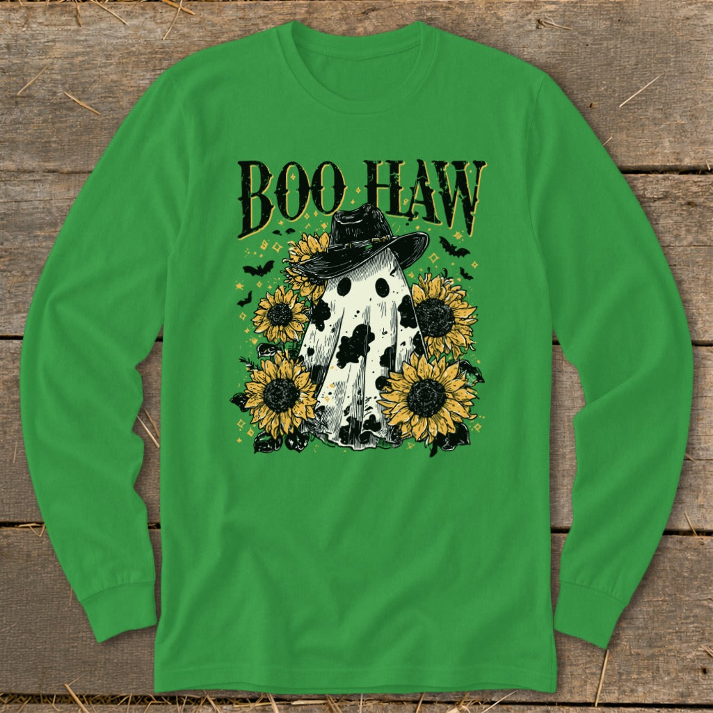 Ghost wearing cowboy hat surrounded by sunflowers with "Boo Haw" text.