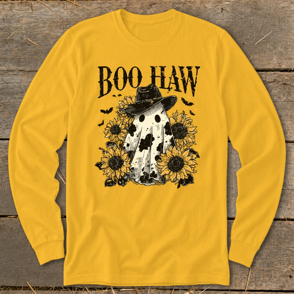 Yellow long-sleeve shirt with a ghost wearing a cowboy hat, sunflowers, and "Boo Haw" text.