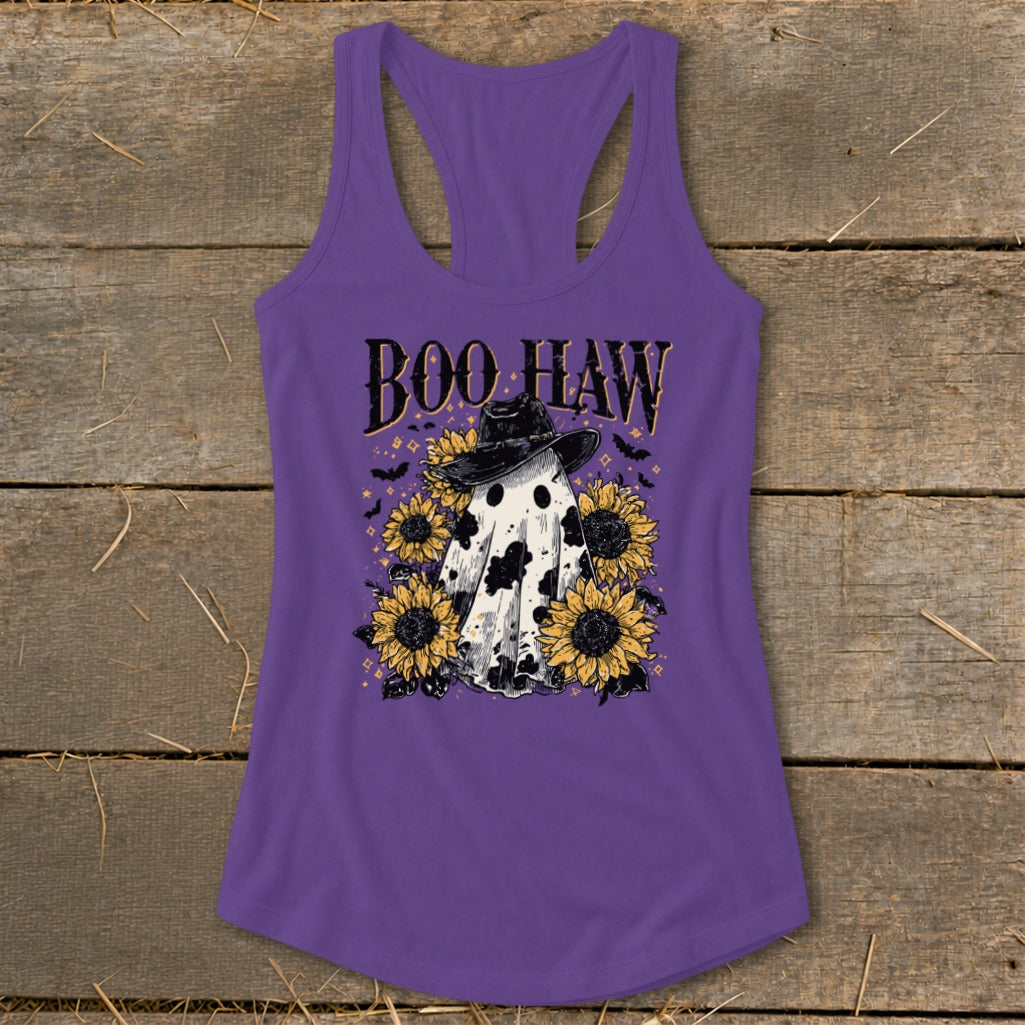 Purple tank top with "Boo Haw" text, ghost in cowboy hat, and sunflowers.