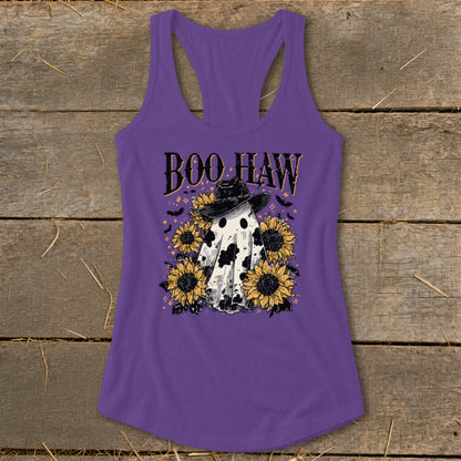 Purple tank top with "Boo Haw" text, ghost in cowboy hat, and sunflowers.