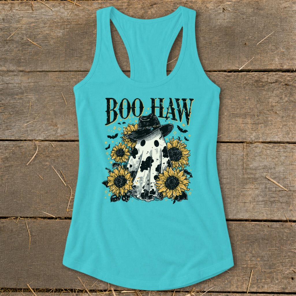 Turquoise tank top with ghost graphic wearing a cowboy hat and surrounded by sunflowers and bats. Text reads "BOO HAW."