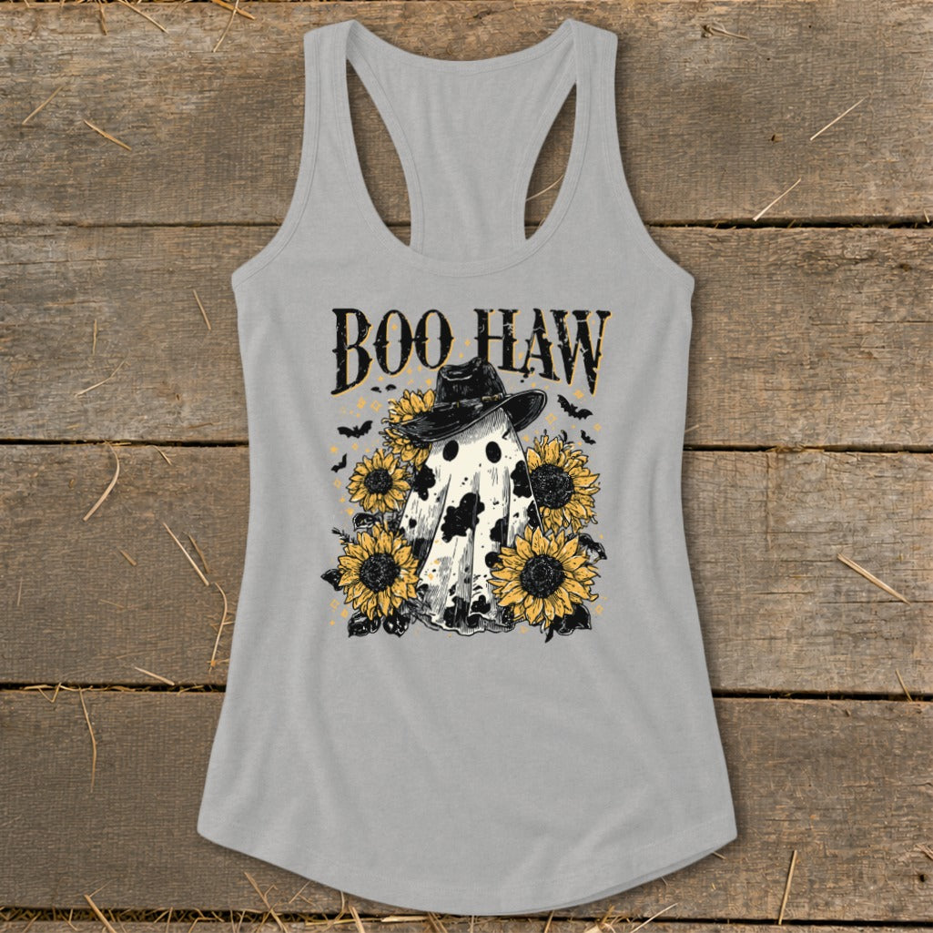 Ghost in cowboy hat with sunflowers and "Boo Haw" text.