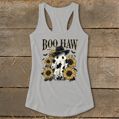 Ghost in cowboy hat with sunflowers and "Boo Haw" text.