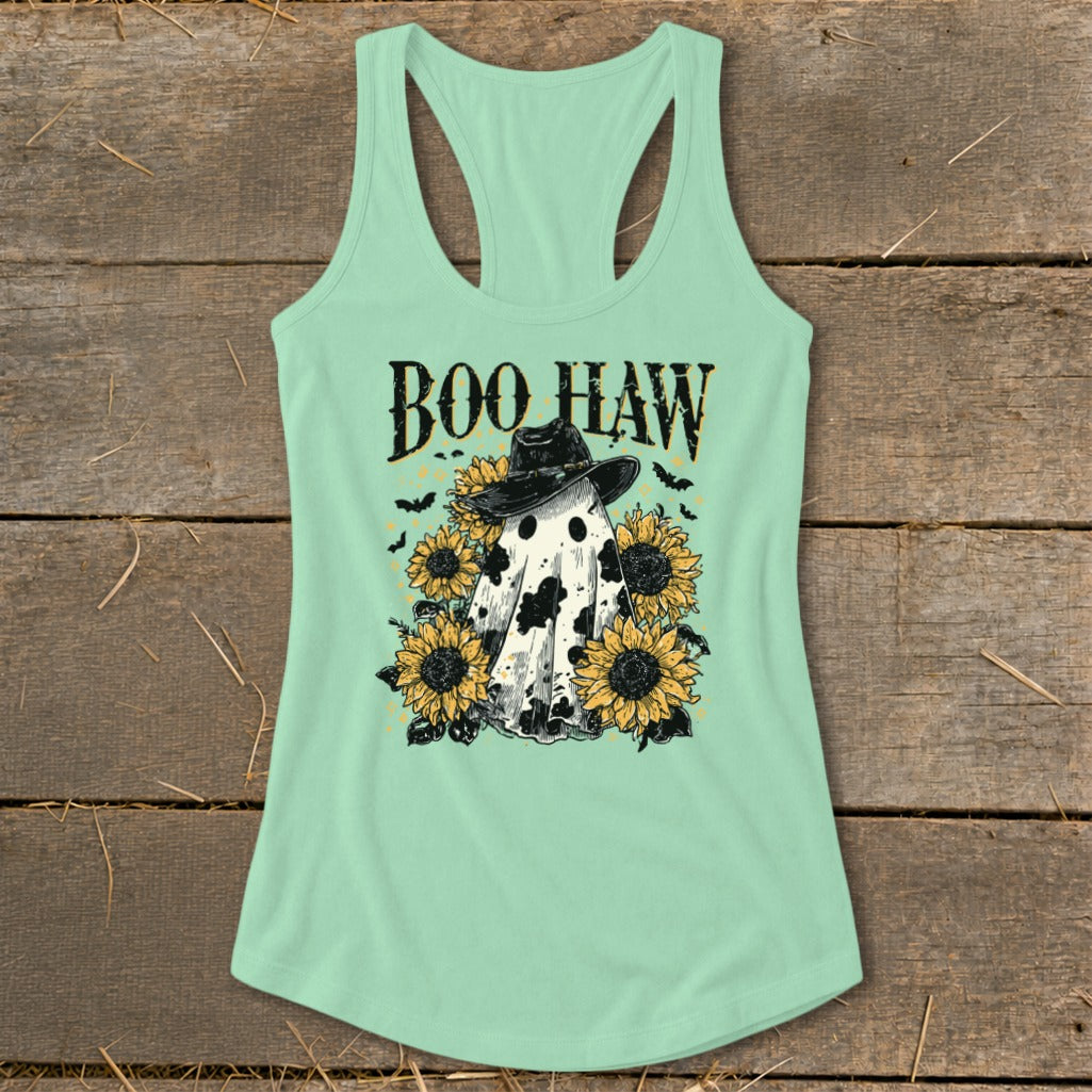 Ghost wearing a cowboy hat surrounded by sunflowers with "Boo Haw" text.