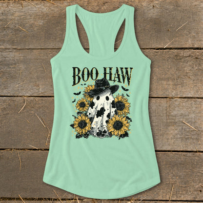 Ghost wearing a cowboy hat surrounded by sunflowers with "Boo Haw" text.