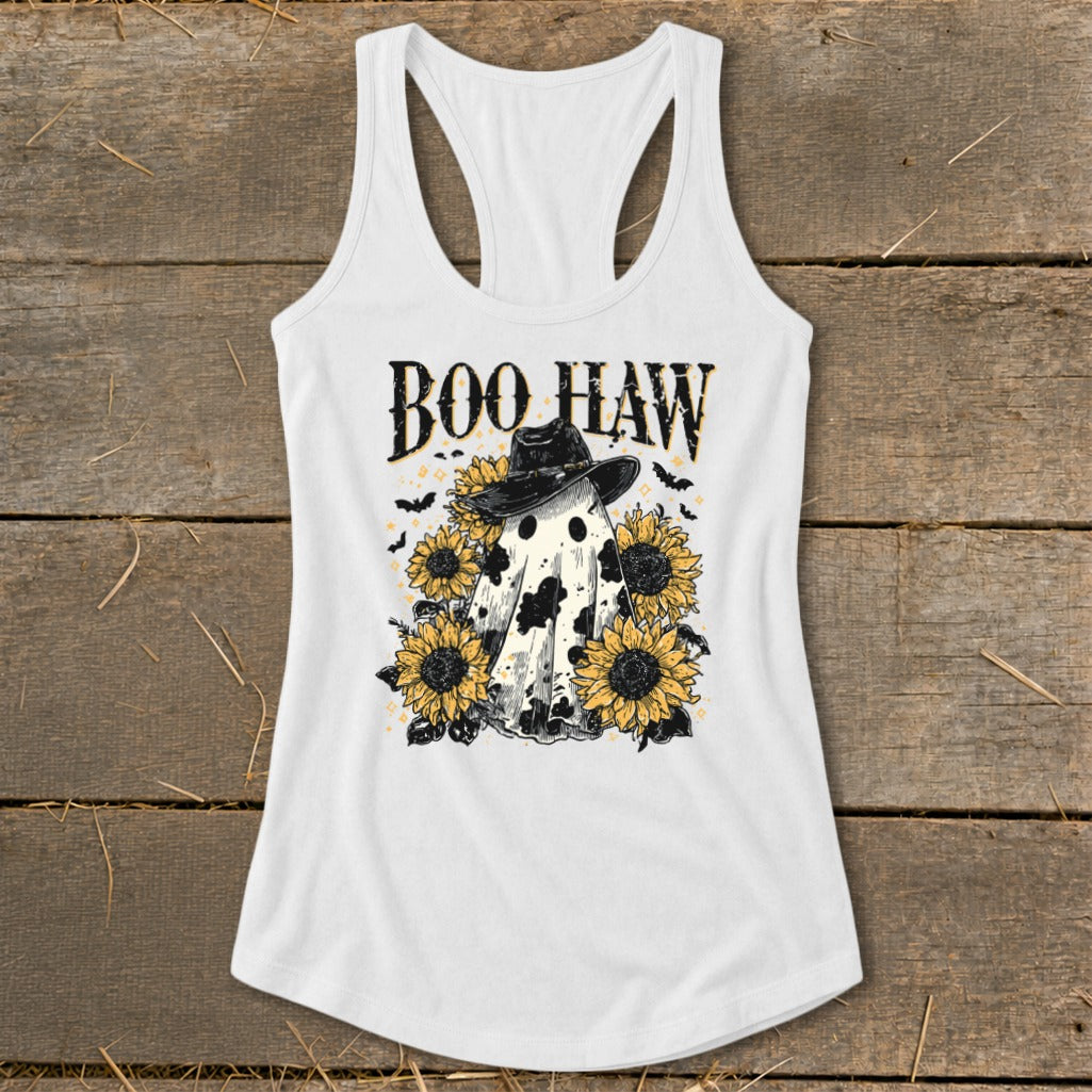 White tank top with a ghost in a cowboy hat surrounded by sunflowers and bats, text reads "BOO HAW".