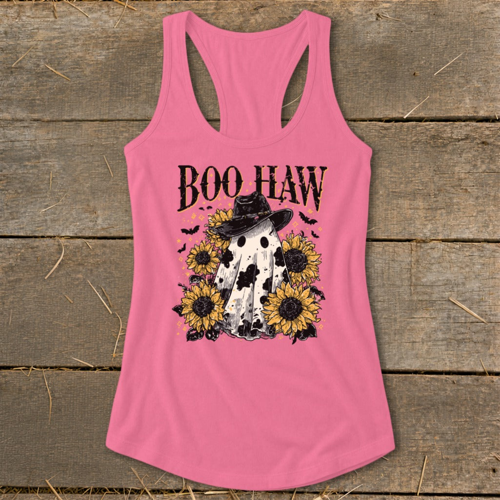 Pink tank top with "Boo Haw" text, ghost in cowboy hat, sunflowers, and bats.