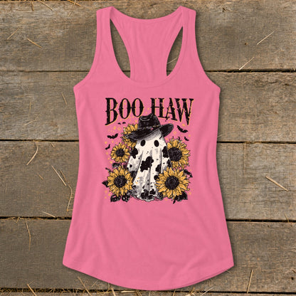 Pink tank top with "Boo Haw" text, ghost in cowboy hat, sunflowers, and bats.